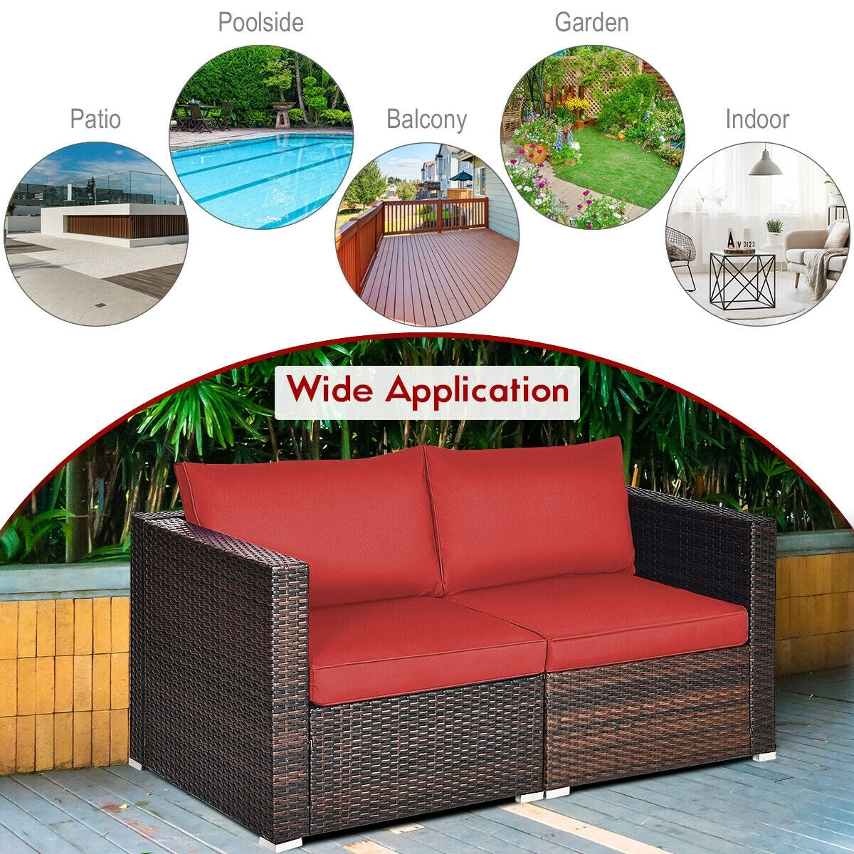 2 Pieces Patio Rattan Sectional Conversation Sofa Set, Red Outdoor Sectionals   at Gallery Canada