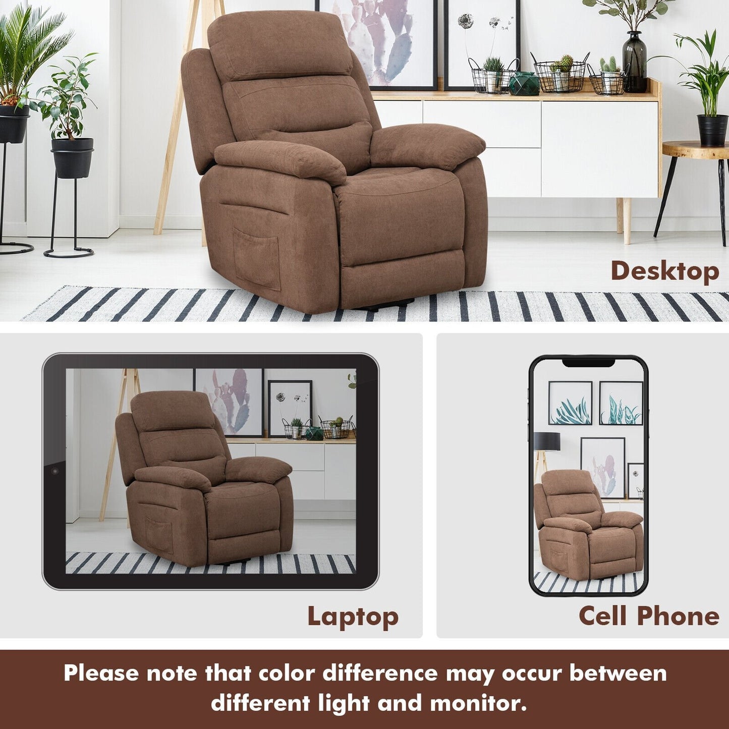 Power Lift Recliner Sofa with Side Pocket and Remote Control, Brown Recliners   at Gallery Canada