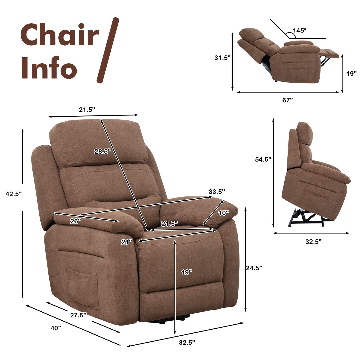 Power Lift Recliner Sofa with Side Pocket and Remote Control, Brown Recliners   at Gallery Canada