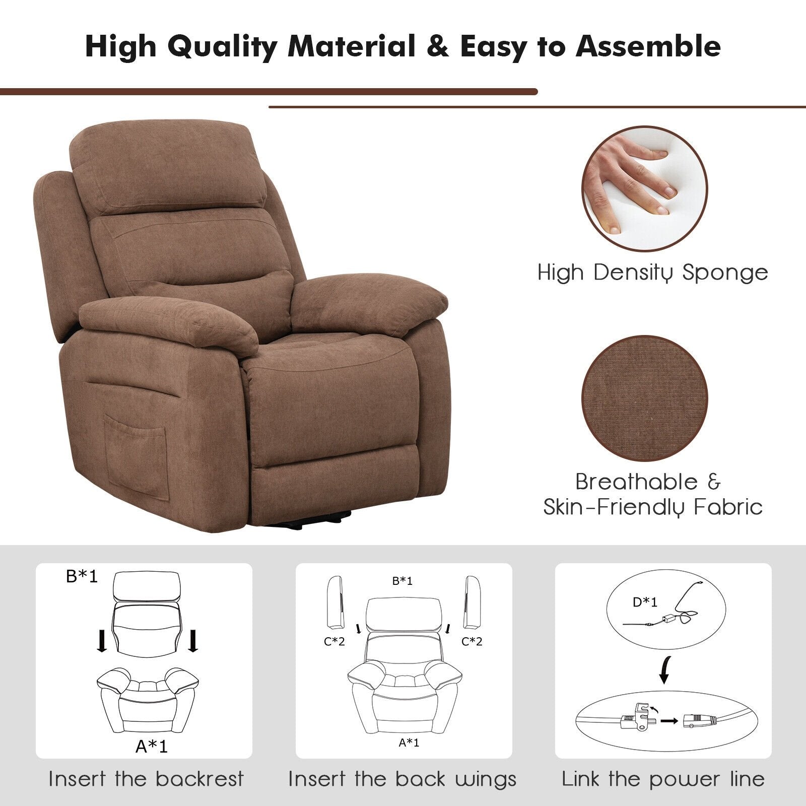 Power Lift Recliner Sofa with Side Pocket and Remote Control, Brown Recliners   at Gallery Canada