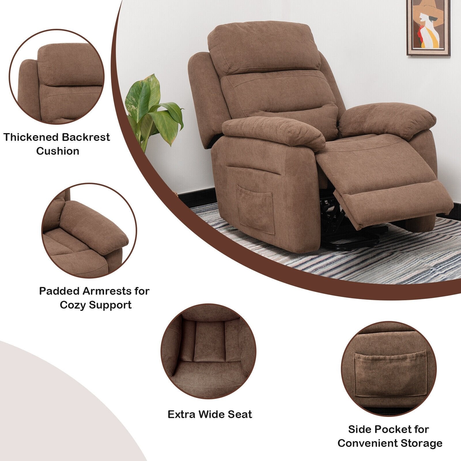 Power Lift Recliner Sofa with Side Pocket and Remote Control, Brown Recliners   at Gallery Canada