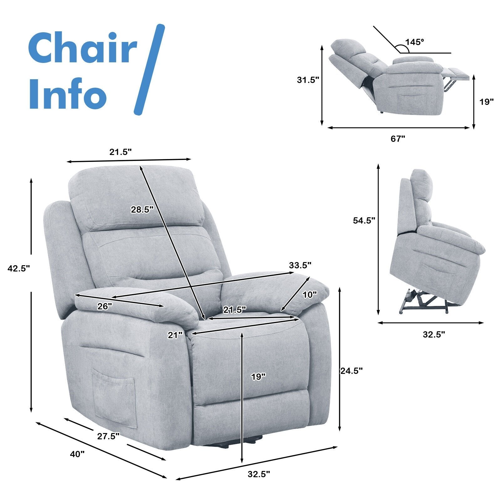 Power Lift Recliner Sofa with Side Pocket and Remote Control, Gray Recliners   at Gallery Canada