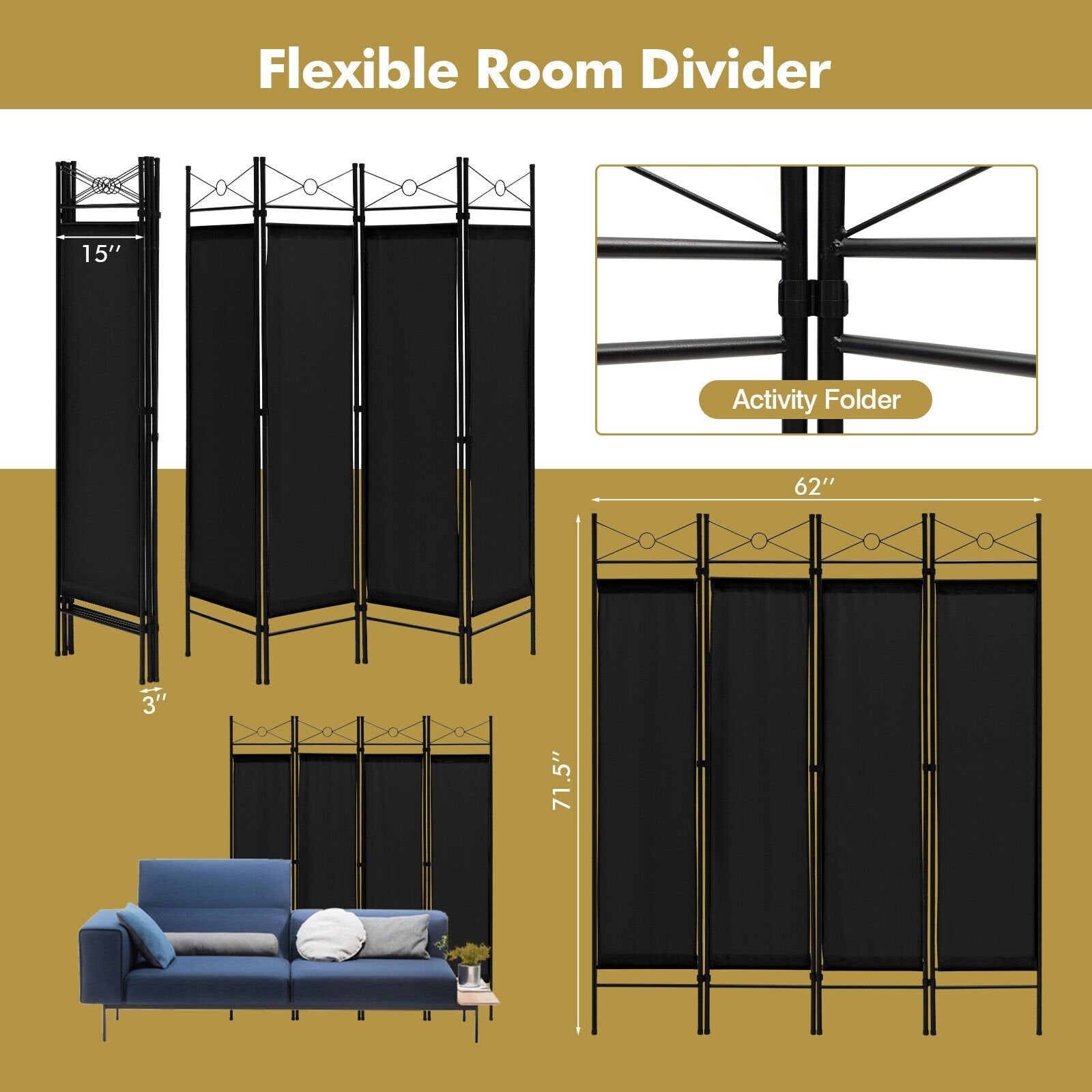 6 Feet 4-Panel Folding Freestanding Room Divider, Black Room Dividers   at Gallery Canada