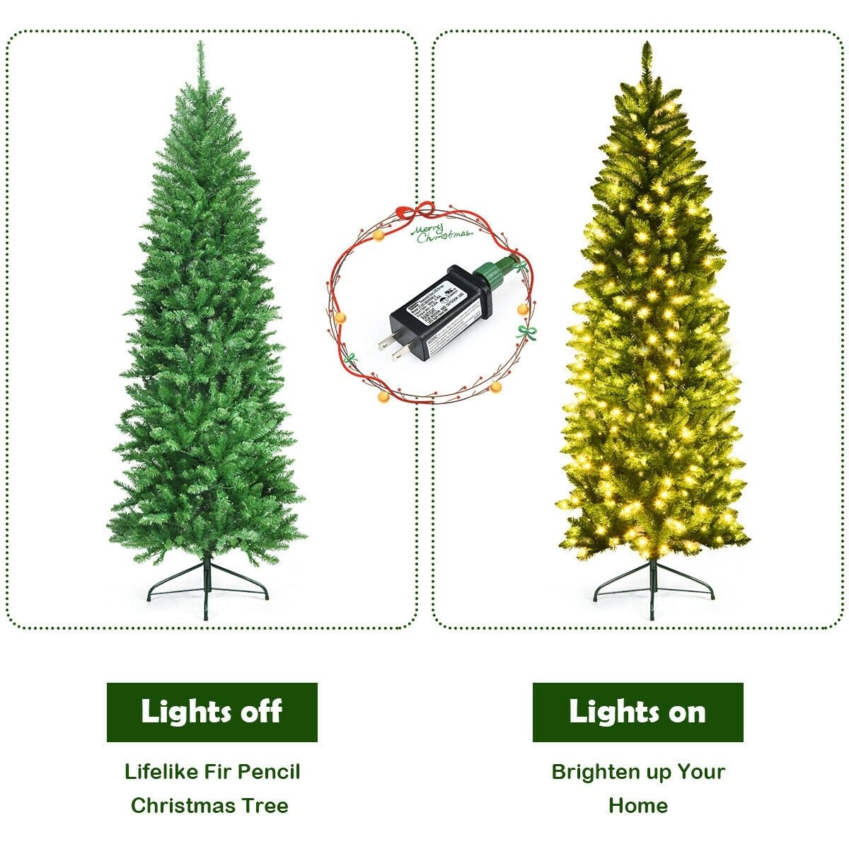 7 Feet PVC Hinged Pre-lit Artificial Fir Pencil Christmas Tree with 150 Lights-7 ft, Green Christmas Tree   at Gallery Canada