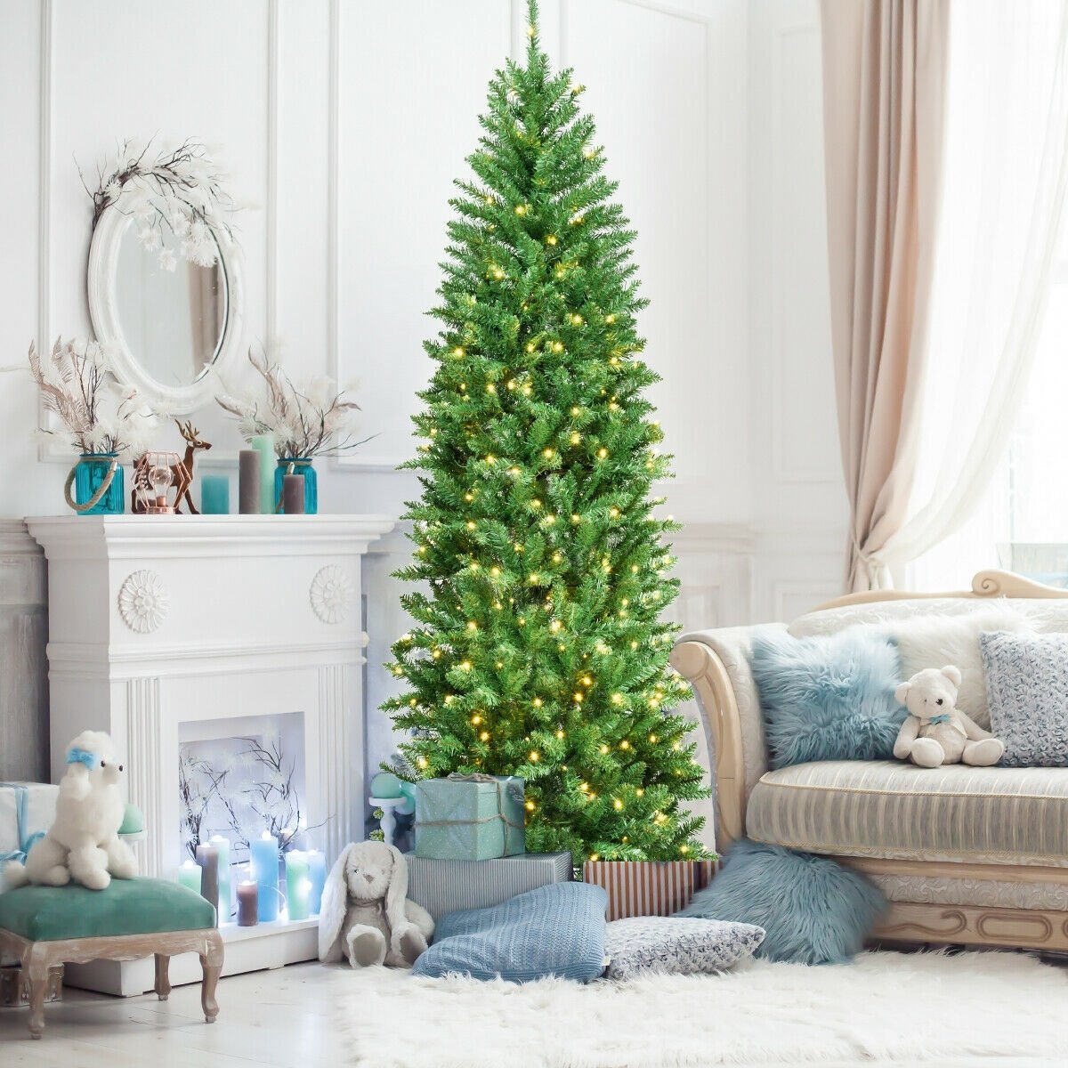 7 Feet PVC Hinged Pre-lit Artificial Fir Pencil Christmas Tree with 150 Lights-7 ft, Green Christmas Tree   at Gallery Canada