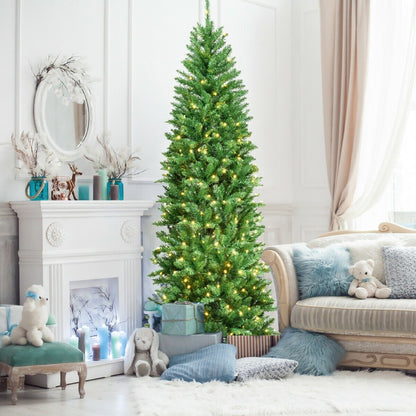 7 Feet PVC Hinged Pre-lit Artificial Fir Pencil Christmas Tree with 150 Lights-7 ft, Green Christmas Tree   at Gallery Canada