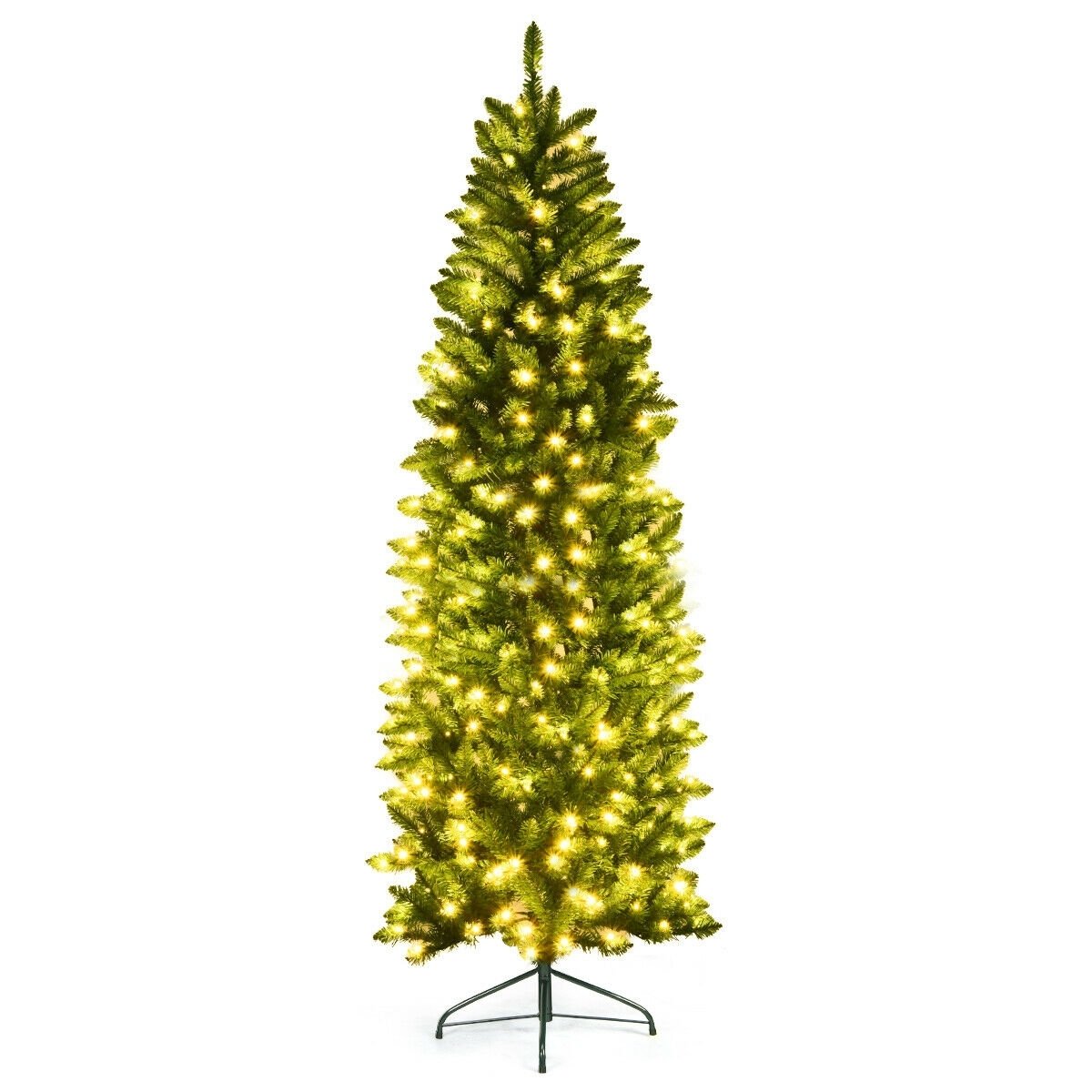 7 Feet PVC Hinged Pre-lit Artificial Fir Pencil Christmas Tree with 150 Lights-7 ft, Green Christmas Tree   at Gallery Canada