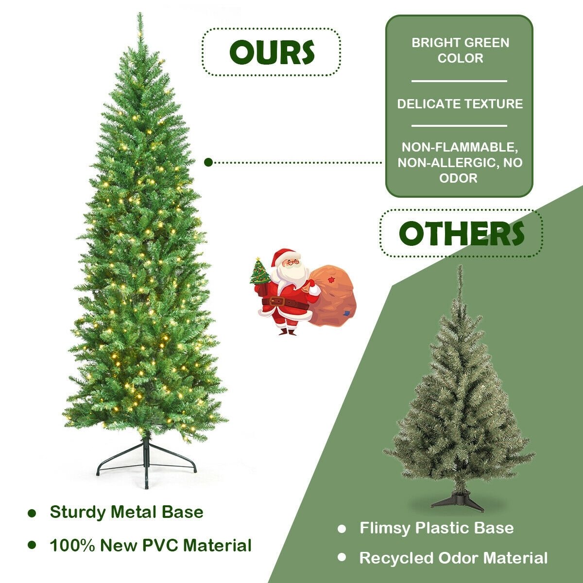 7 Feet PVC Hinged Pre-lit Artificial Fir Pencil Christmas Tree with 150 Lights-7 ft, Green Christmas Tree   at Gallery Canada