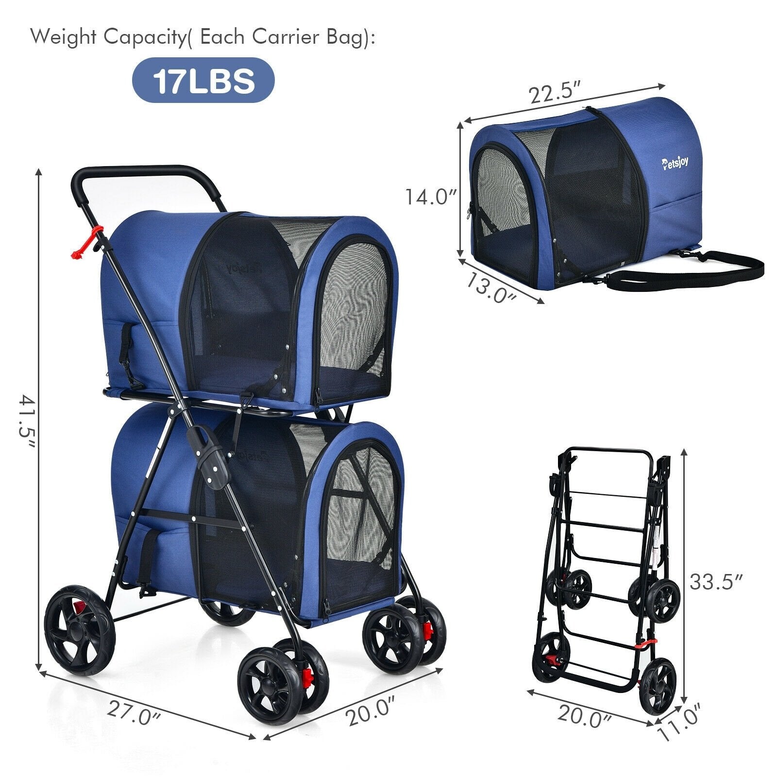 4-in-1 Double Pet Stroller with Detachable Carrier and Travel Carriage, Blue Dog Supplies   at Gallery Canada