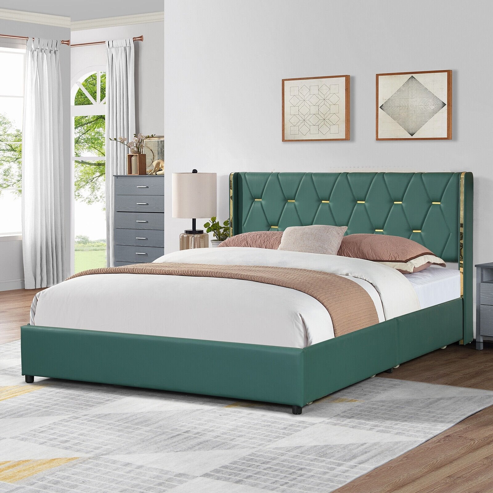 Full/Queen Size Upholstered Bed Frame with 4 Drawers-Green-Full Size, Green Simple Bed Frame   at Gallery Canada