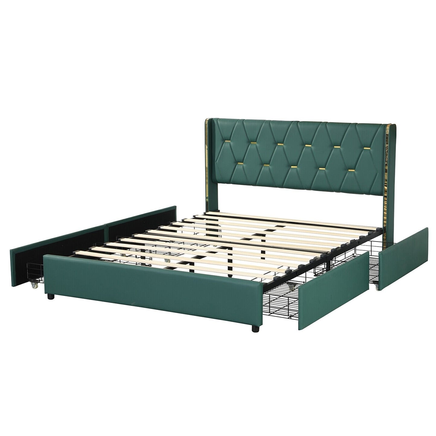 Full/Queen Size Upholstered Bed Frame with 4 Drawers-Green-Full Size, Green Simple Bed Frame   at Gallery Canada