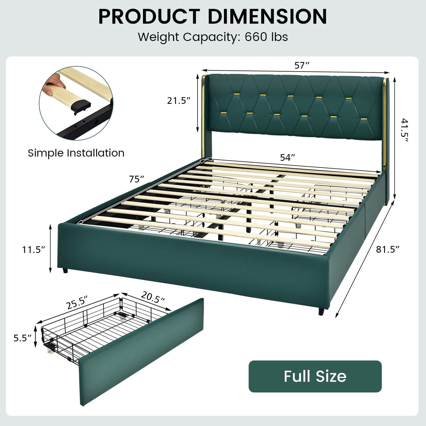 Full/Queen Size Upholstered Bed Frame with 4 Drawers-Green-Full Size, Green Simple Bed Frame   at Gallery Canada