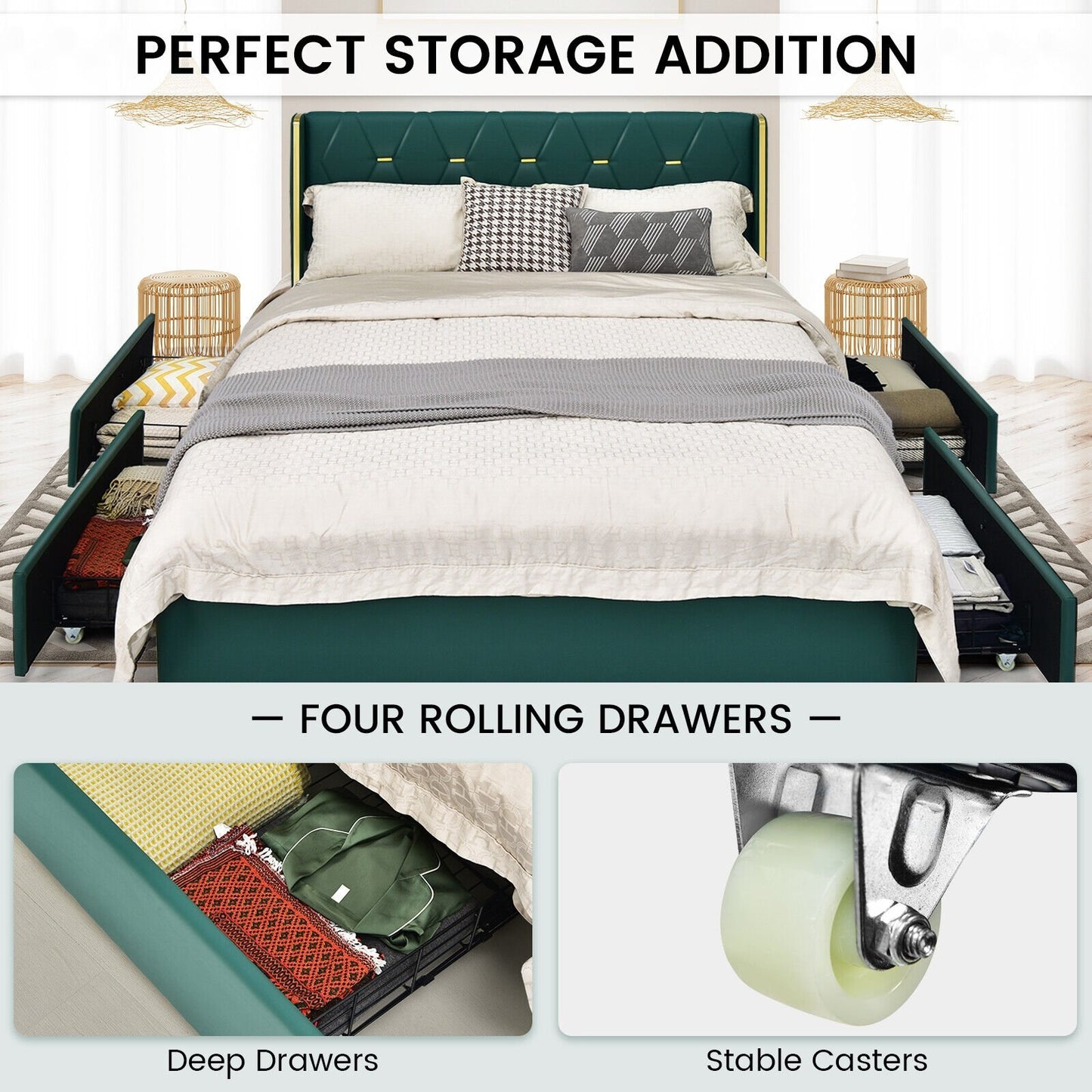 Full/Queen Size Upholstered Bed Frame with 4 Drawers-Green-Full Size, Green Simple Bed Frame   at Gallery Canada