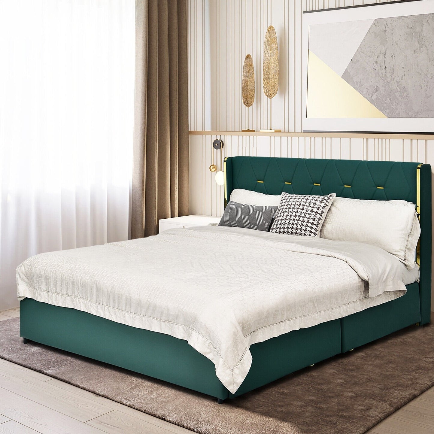 Full/Queen Size Upholstered Bed Frame with 4 Drawers-Green-Full Size, Green Simple Bed Frame   at Gallery Canada