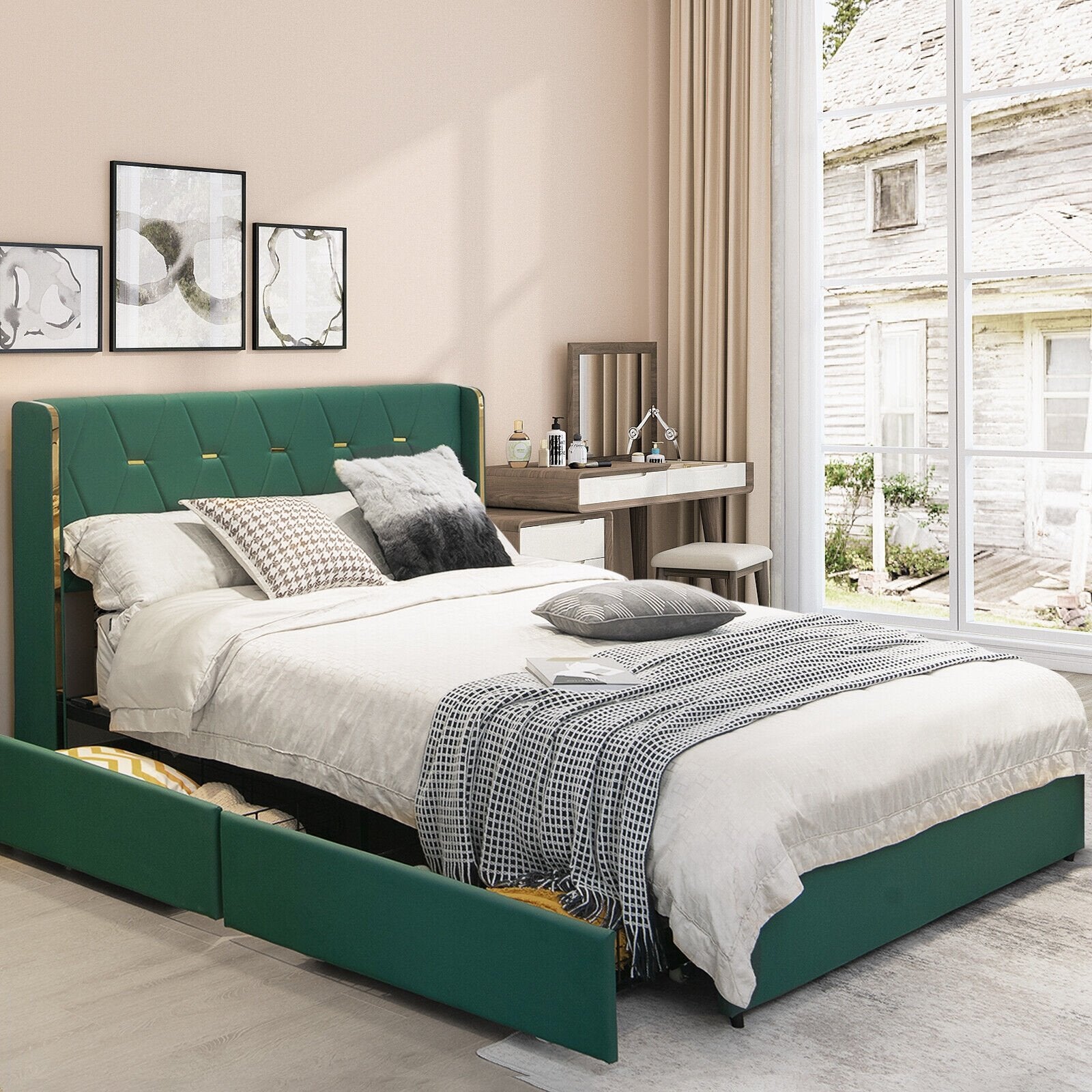 Full/Queen Size Upholstered Bed Frame with 4 Drawers-Green-Full Size, Green Simple Bed Frame   at Gallery Canada