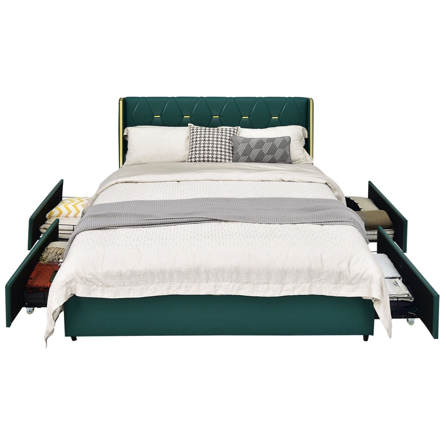 Full/Queen Size Upholstered Bed Frame with 4 Drawers-Green-Full Size, Green Simple Bed Frame   at Gallery Canada