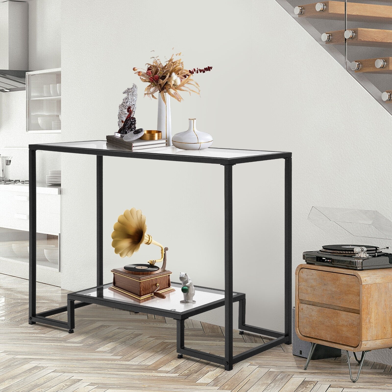 Entryway Console Sofa Side Table with Tempered Glass, Black - Gallery Canada