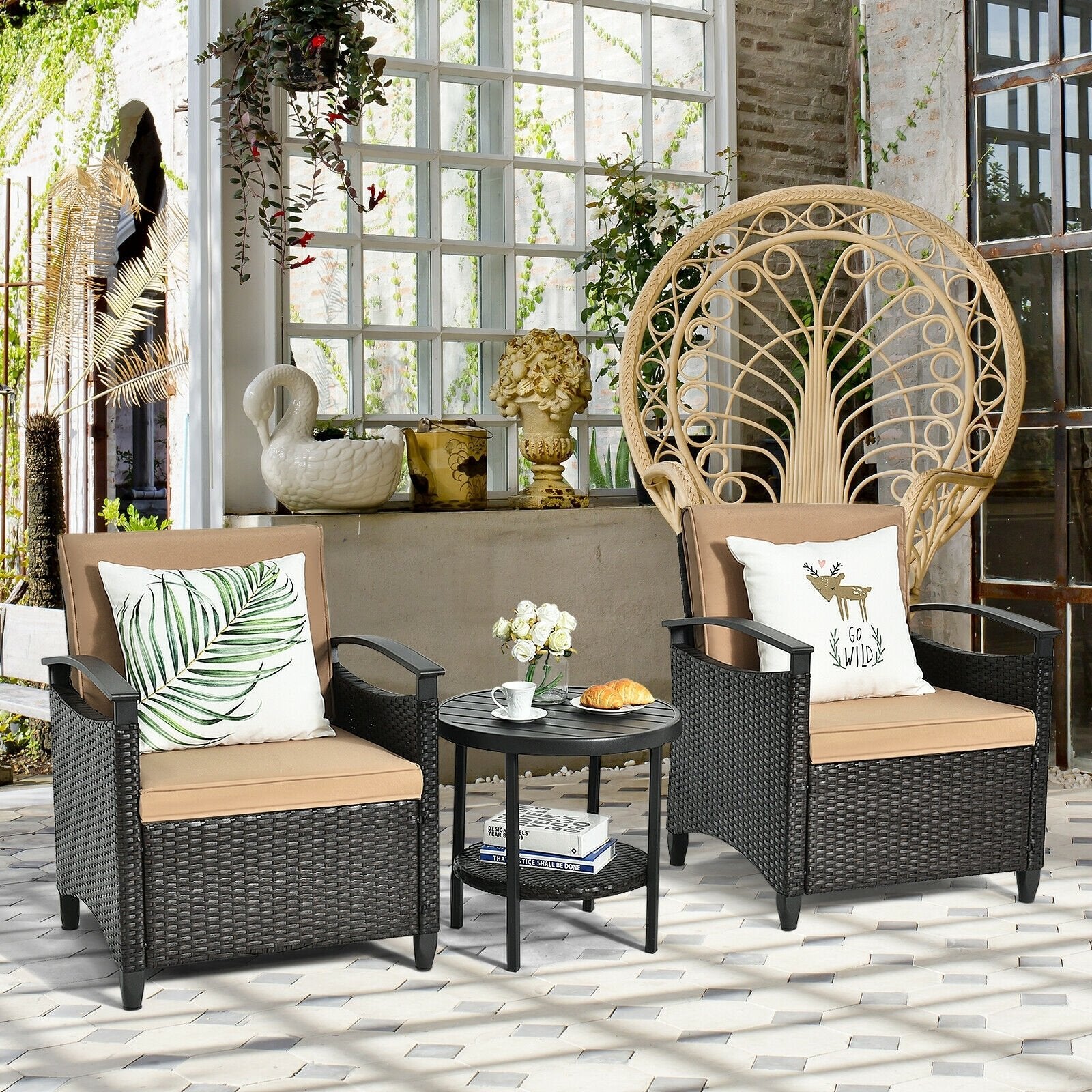 3 Pieces Patio Rattan Furniture Set Cushioned Sofa Storage Table with Shelf Garden, Brown Patio Conversation Sets   at Gallery Canada