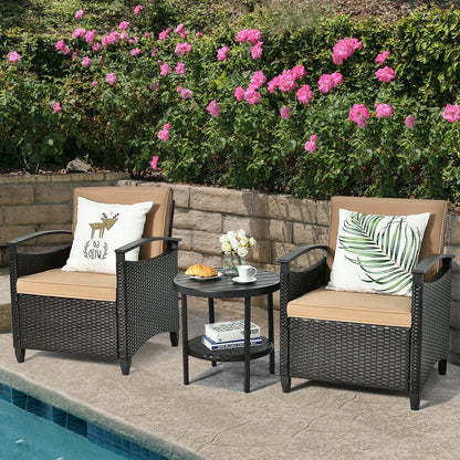 3 Pieces Patio Rattan Furniture Set Cushioned Sofa Storage Table with Shelf Garden, Brown Patio Conversation Sets   at Gallery Canada