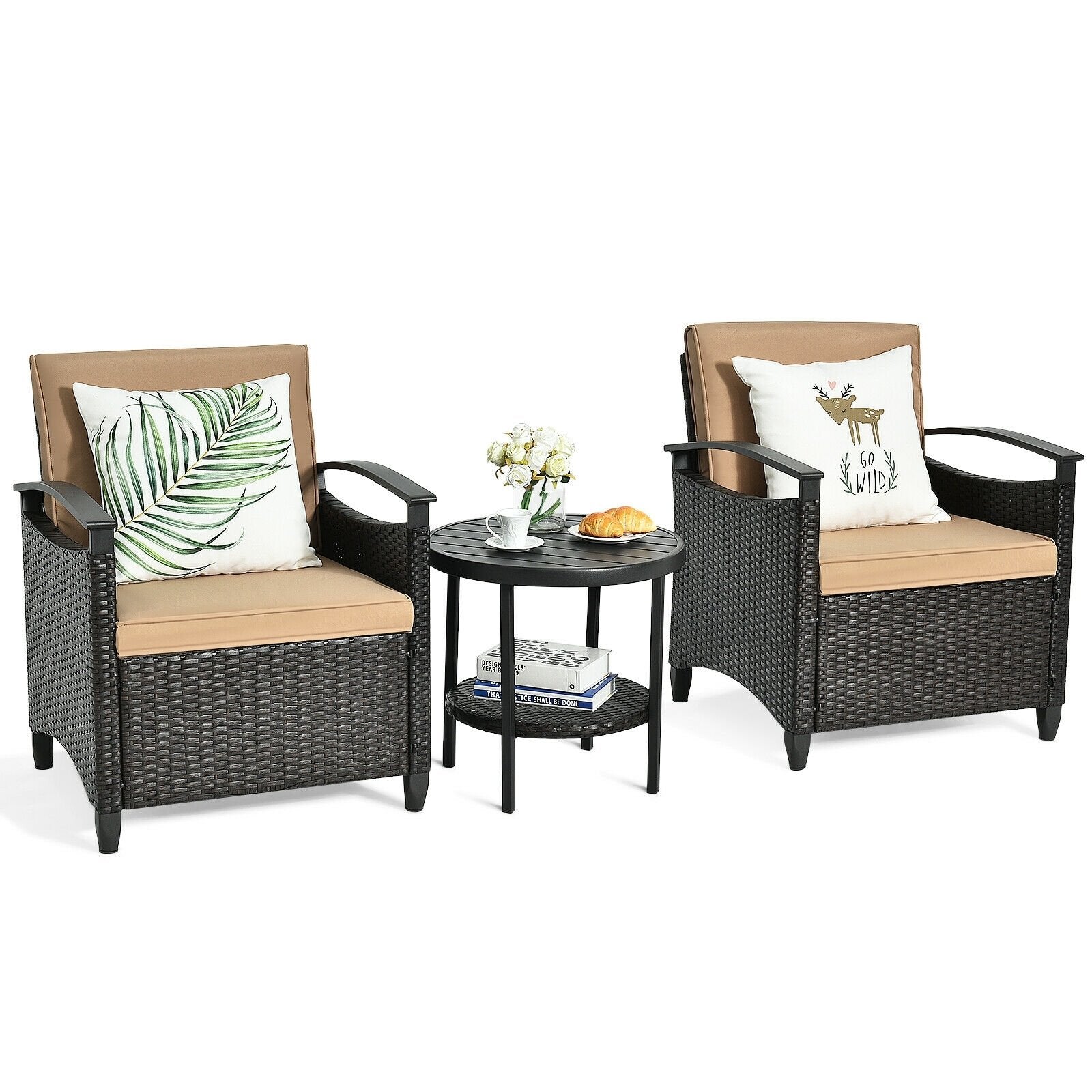 3 Pieces Patio Rattan Furniture Set Cushioned Sofa Storage Table with Shelf Garden, Brown Patio Conversation Sets   at Gallery Canada