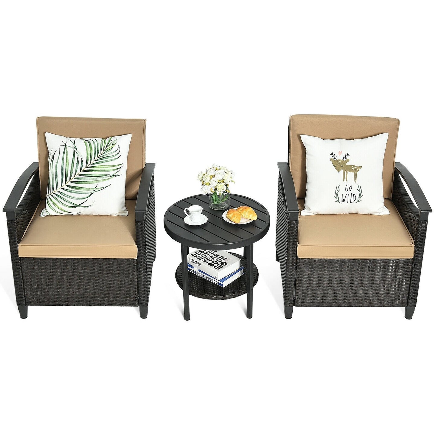 3 Pieces Patio Rattan Furniture Set Cushioned Sofa Storage Table with Shelf Garden, Brown Patio Conversation Sets   at Gallery Canada