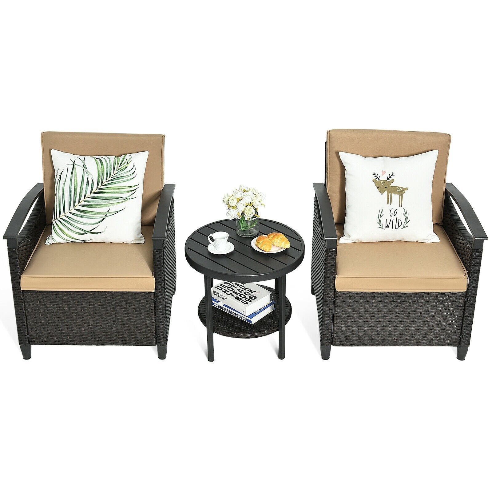 3 Pieces Patio Rattan Furniture Set Cushioned Sofa Storage Table with Shelf Garden, Brown Patio Conversation Sets   at Gallery Canada