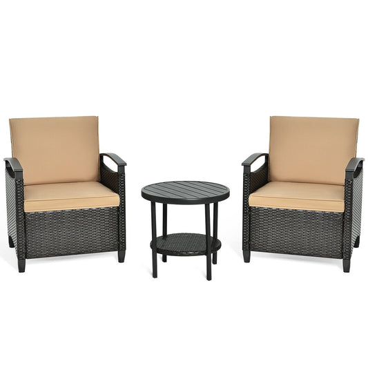 3 Pieces Patio Rattan Furniture Set Cushioned Sofa Storage Table with Shelf Garden, Brown Patio Conversation Sets   at Gallery Canada