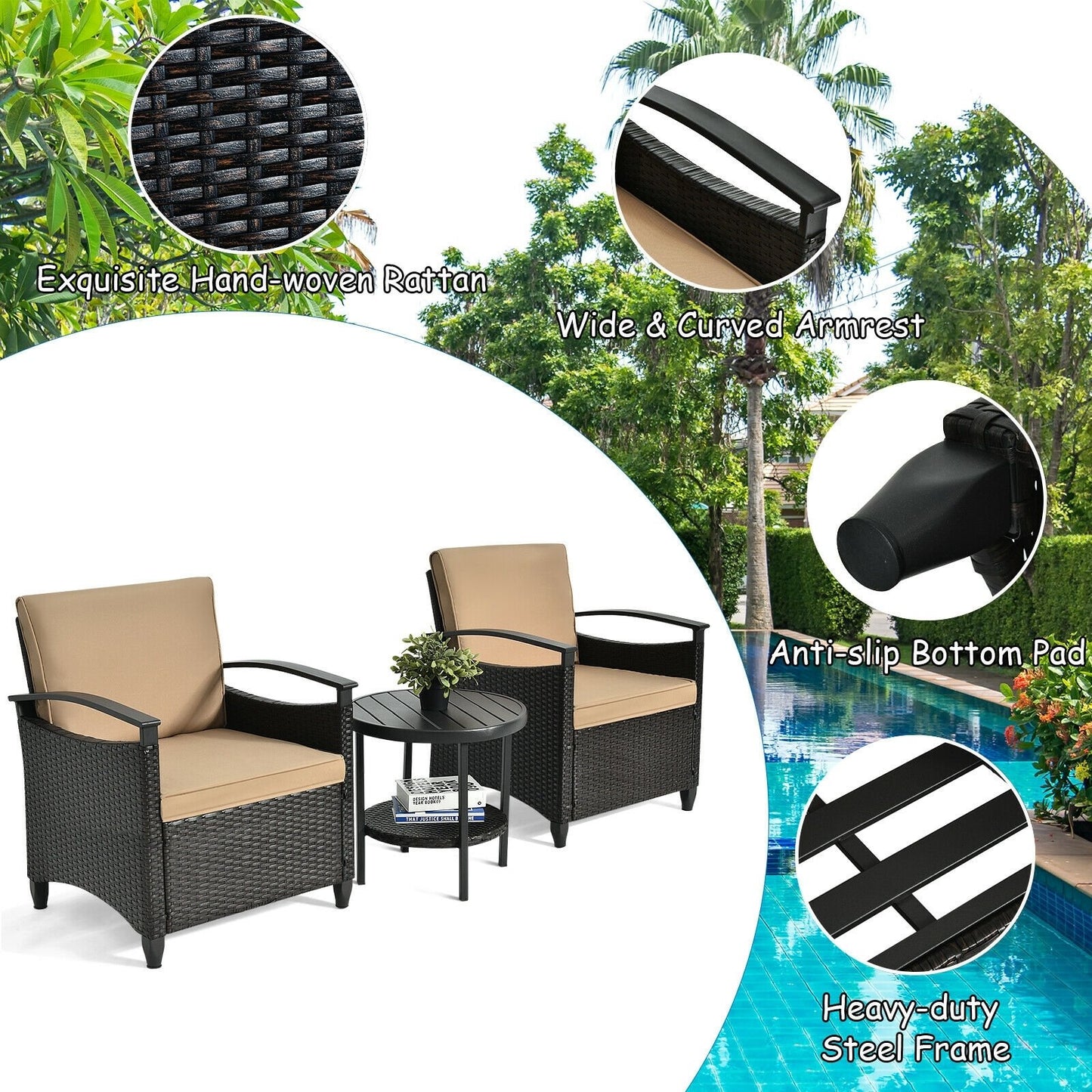 3 Pieces Patio Rattan Furniture Set Cushioned Sofa Storage Table with Shelf Garden, Brown Patio Conversation Sets   at Gallery Canada