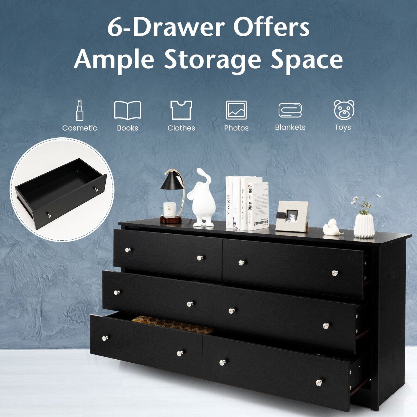 Freestanding 6-Drawer Dresser with Mental Knobs for Bedroom, Black - Gallery Canada
