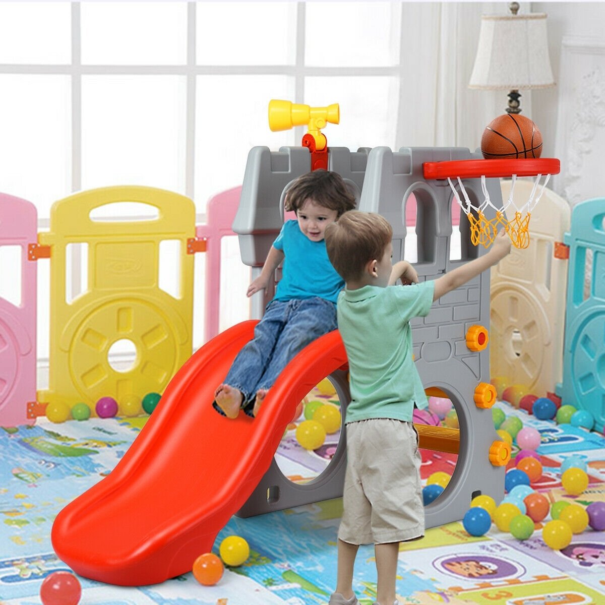 5 in 1 Toddler Climber Slide Playset with Basketball Hoop and Telescope, Multicolor Climbers & Slides   at Gallery Canada