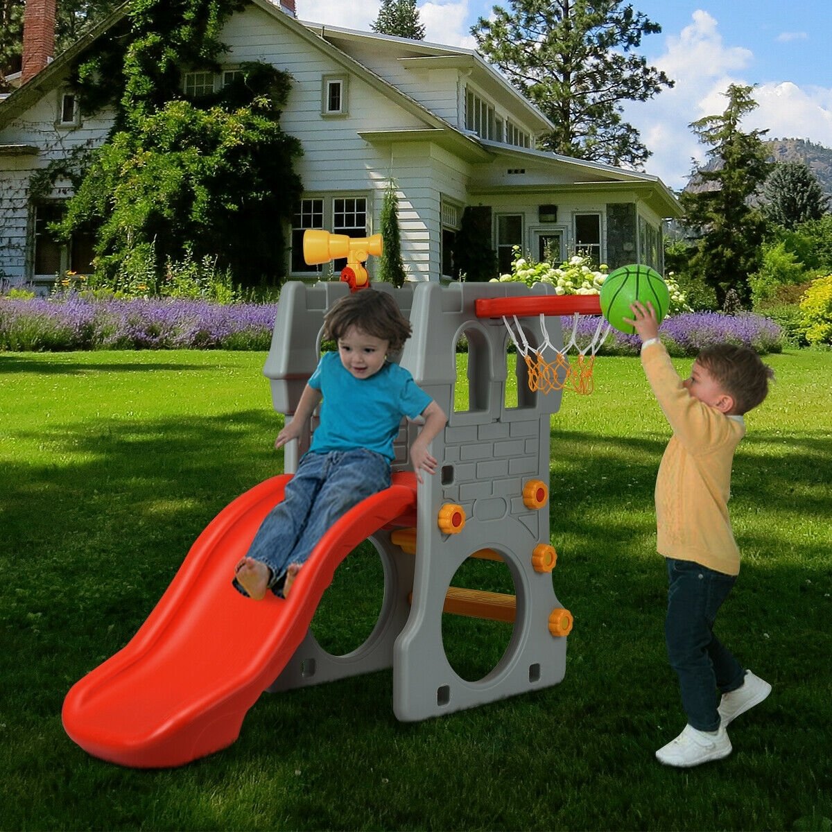 5 in 1 Toddler Climber Slide Playset with Basketball Hoop and Telescope, Multicolor Climbers & Slides   at Gallery Canada