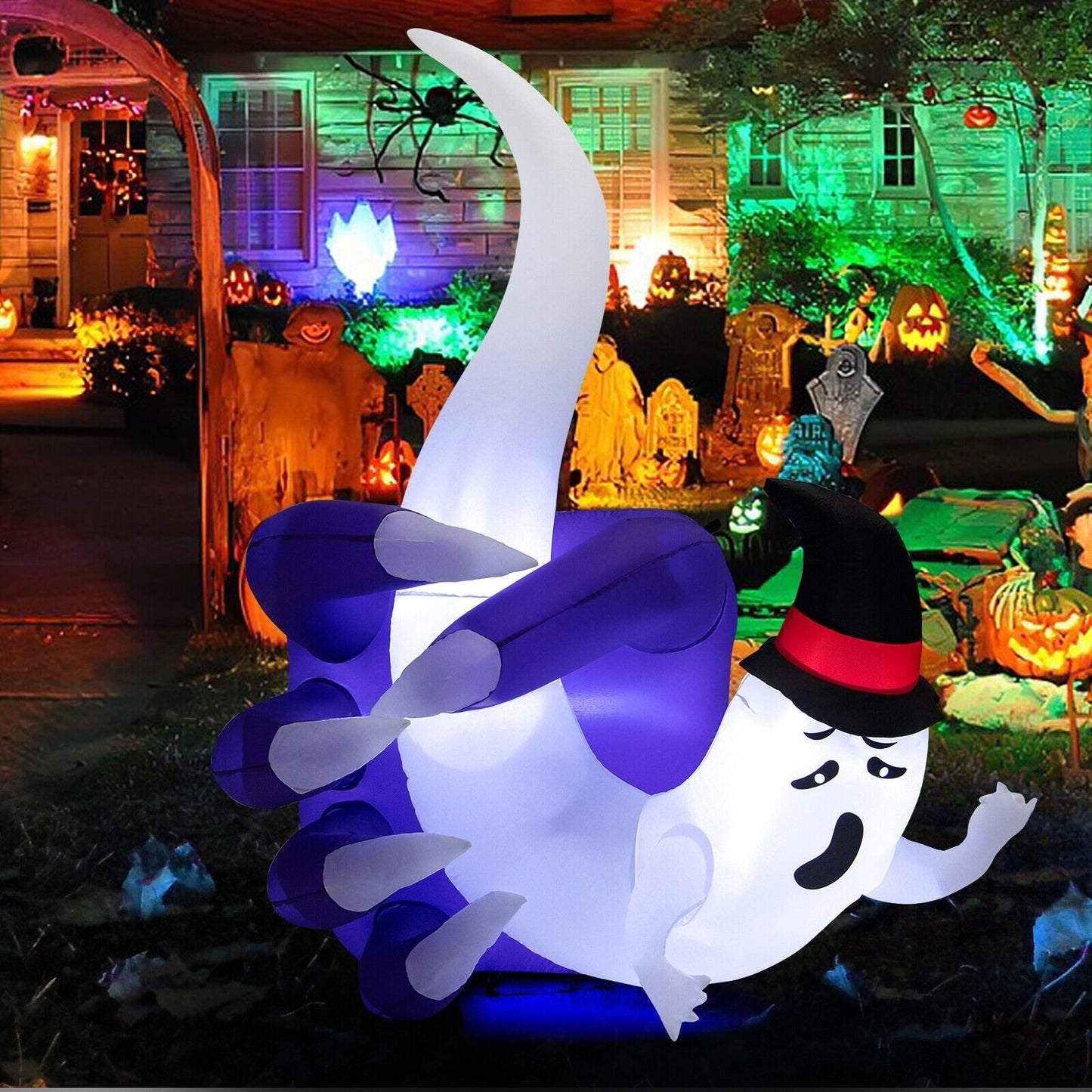 6 Feet Halloween Inflatable Hand Hold the Ghost with Built-in LED and Air Blower, White - Gallery Canada