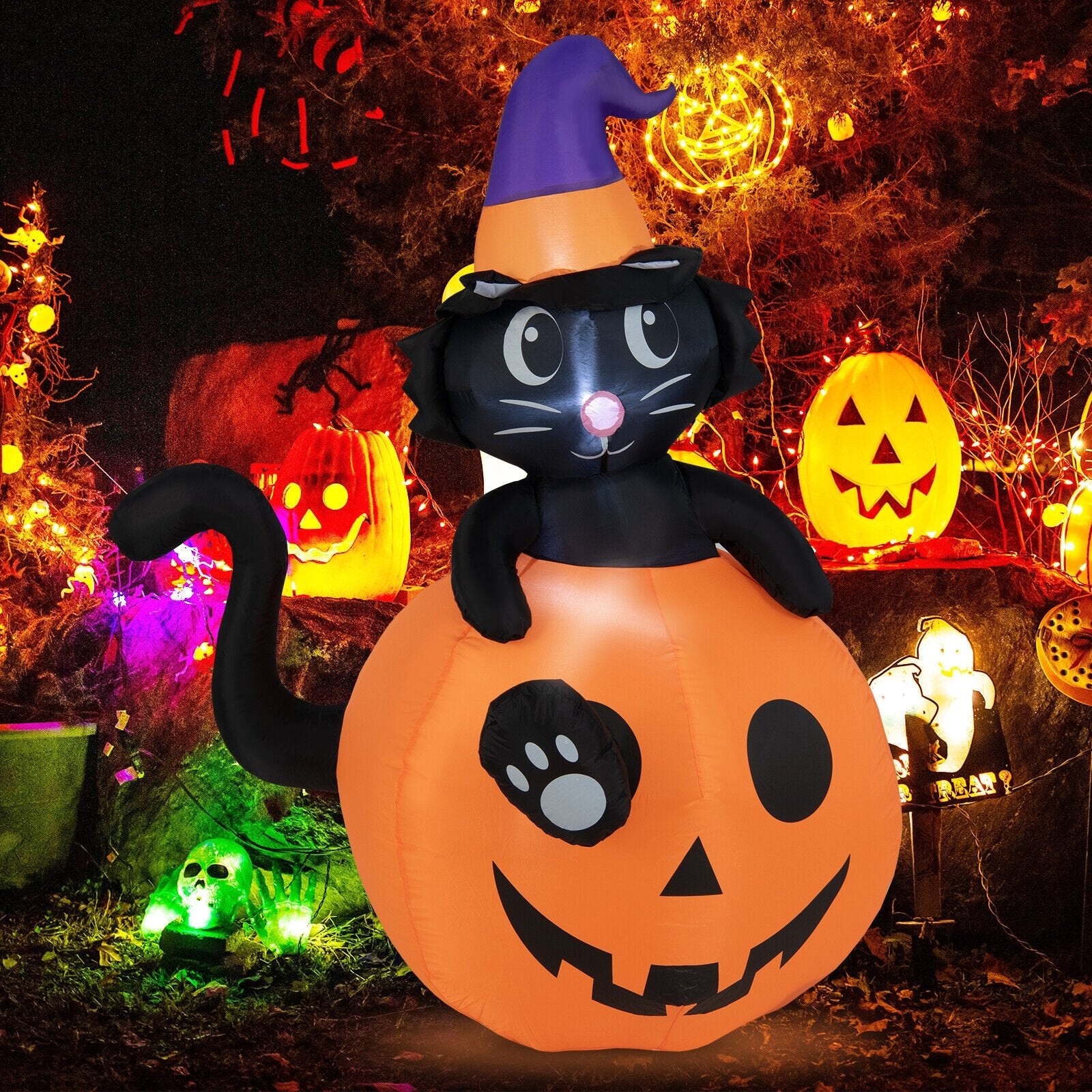 5 Feet Inflatable Halloween Pumpkin with Witch's Black Cat, Multicolor Halloween   at Gallery Canada