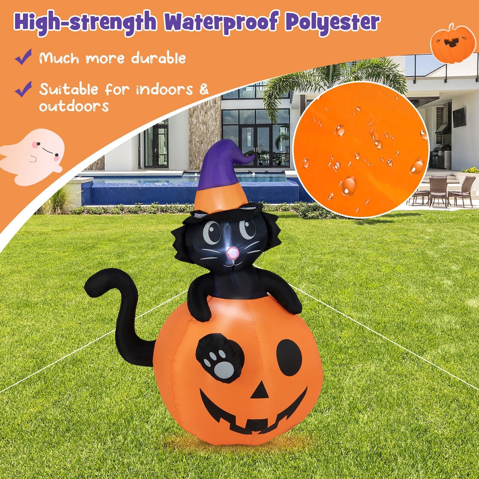 5 Feet Inflatable Halloween Pumpkin with Witch's Black Cat, Multicolor - Gallery Canada