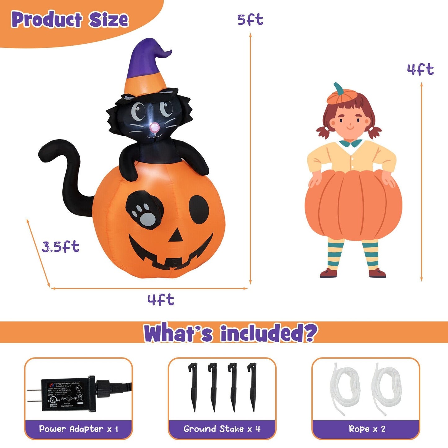 5 Feet Inflatable Halloween Pumpkin with Witch's Black Cat, Multicolor - Gallery Canada