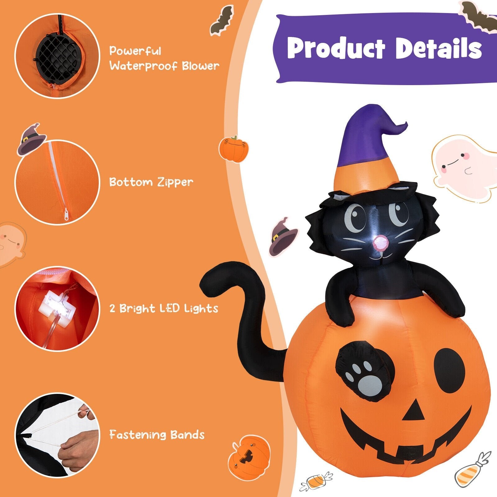 5 Feet Inflatable Halloween Pumpkin with Witch's Black Cat, Multicolor Halloween   at Gallery Canada