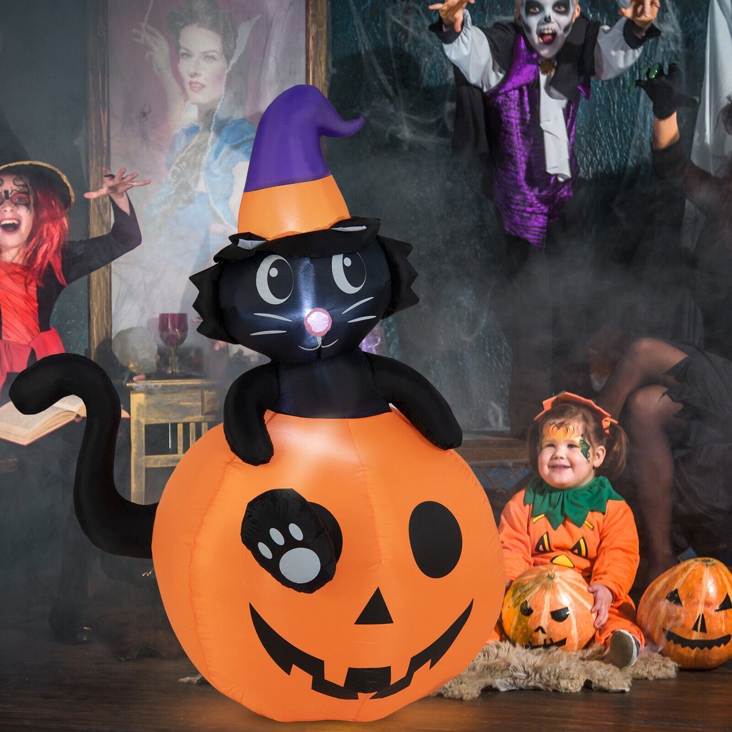 5 Feet Inflatable Halloween Pumpkin with Witch's Black Cat, Multicolor - Gallery Canada