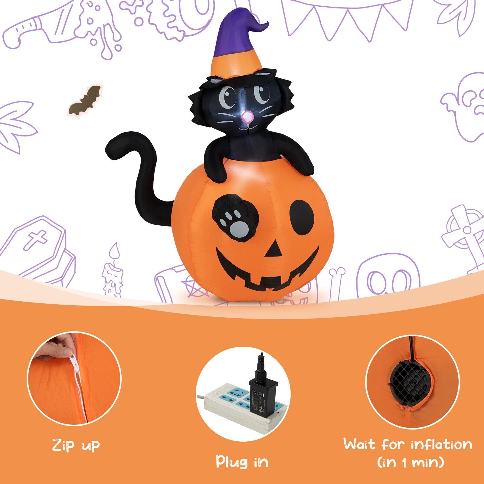 5 Feet Inflatable Halloween Pumpkin with Witch's Black Cat, Multicolor Halloween   at Gallery Canada