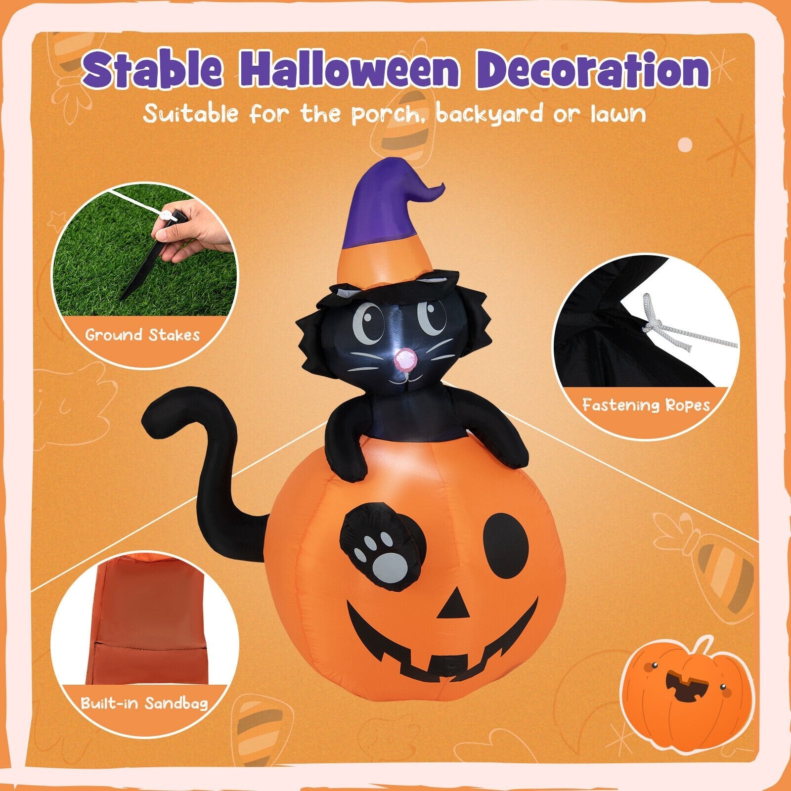 5 Feet Inflatable Halloween Pumpkin with Witch's Black Cat, Multicolor - Gallery Canada