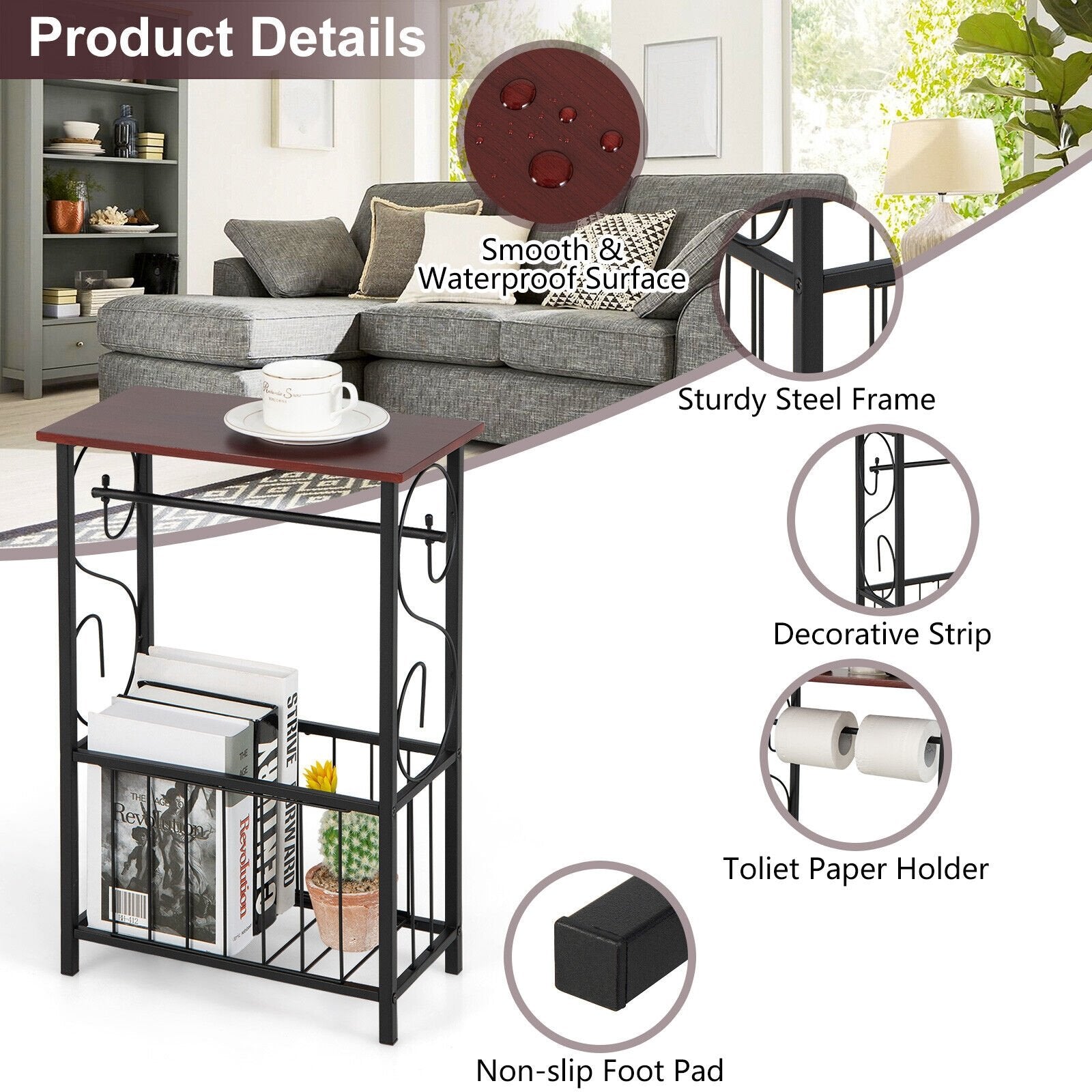 Side Sofa Narrow Table with Removable Paper Holder for Living Room, Brown End & Side Tables   at Gallery Canada