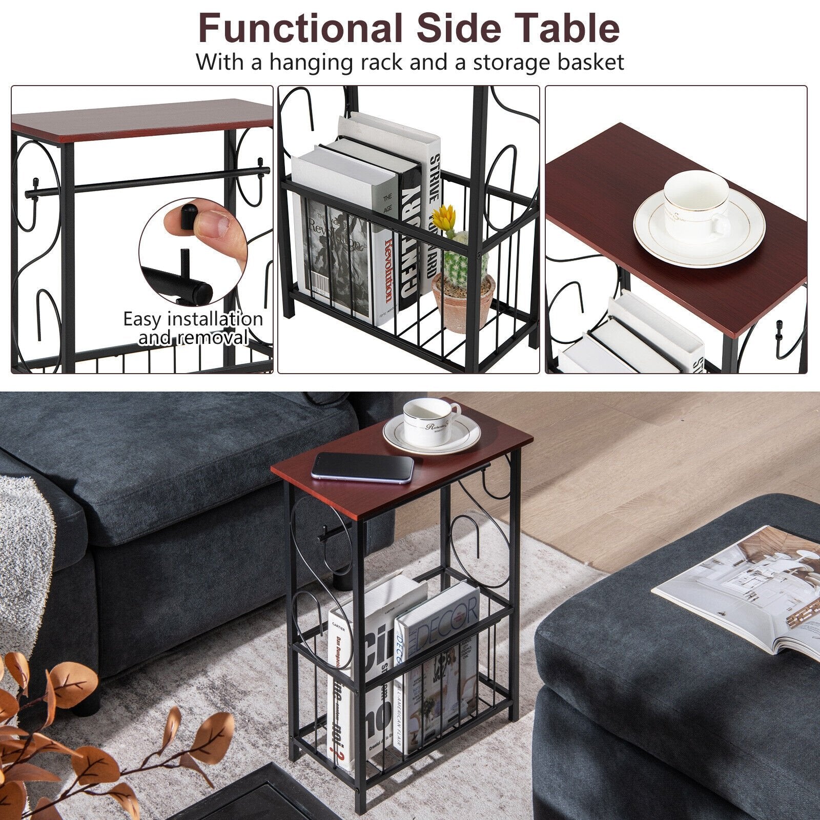 Side Sofa Narrow Table with Removable Paper Holder for Living Room, Brown End & Side Tables   at Gallery Canada