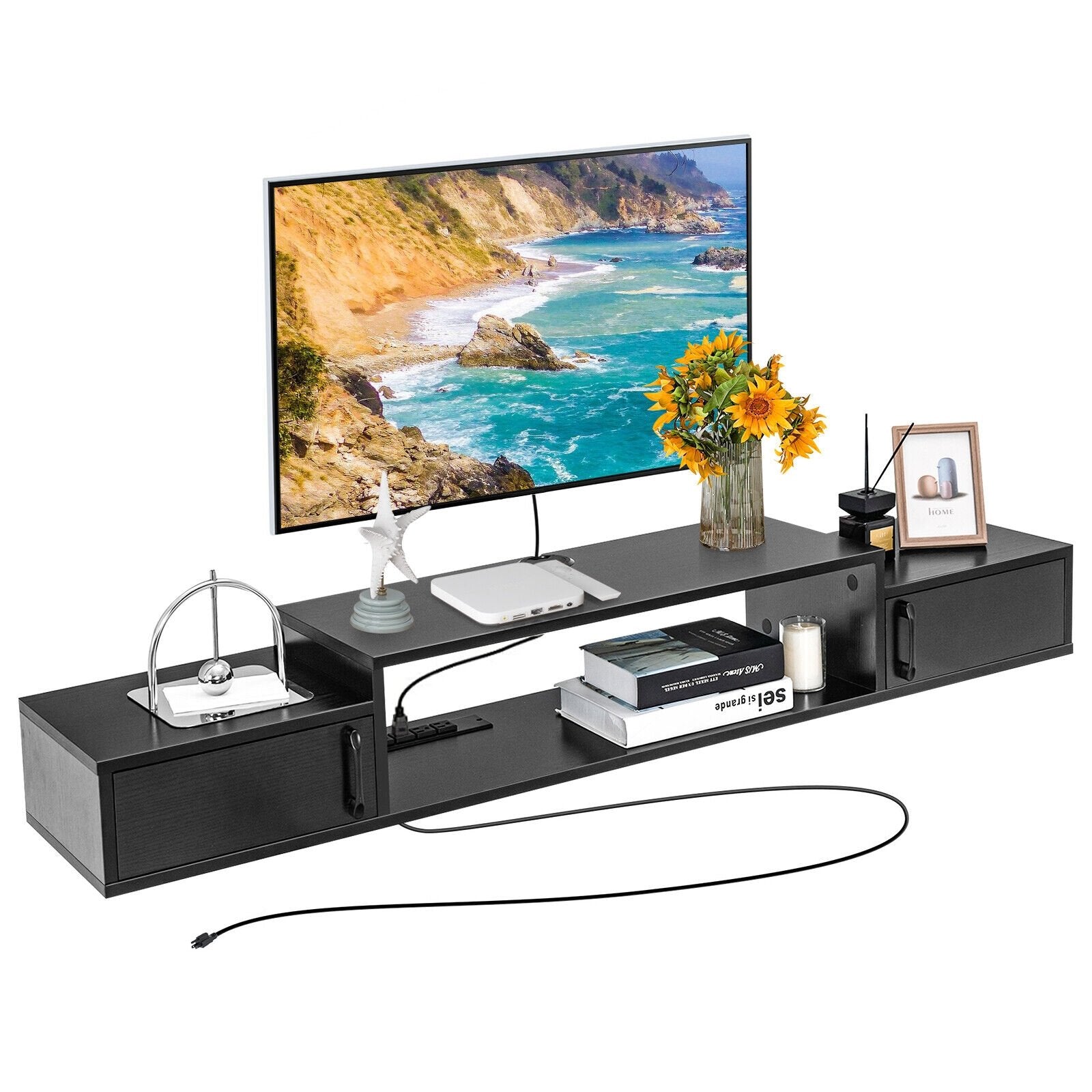 55 Inches Floating TV Stand with Power Outlet, Black - Gallery Canada