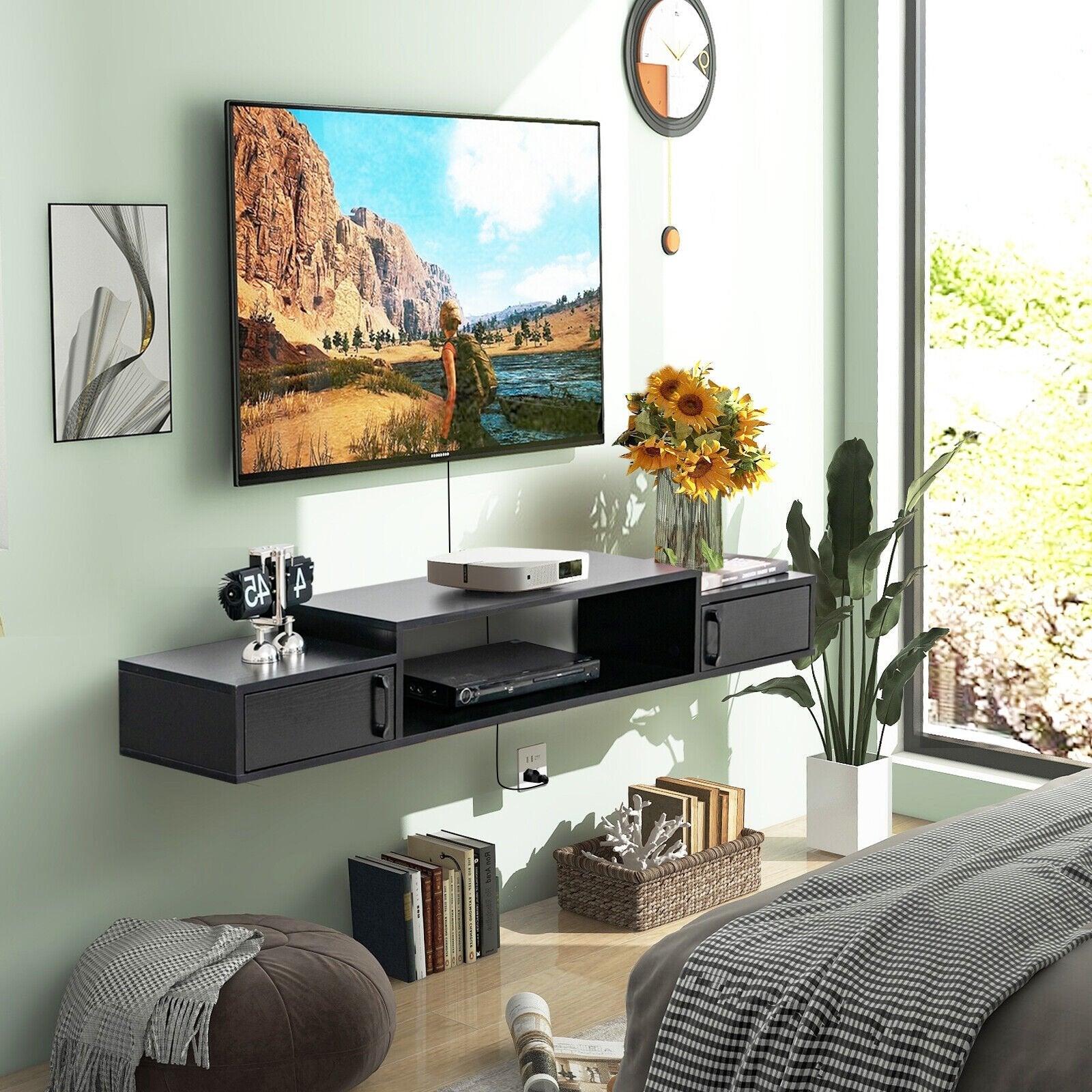 55 Inches Floating TV Stand with Power Outlet, Black - Gallery Canada