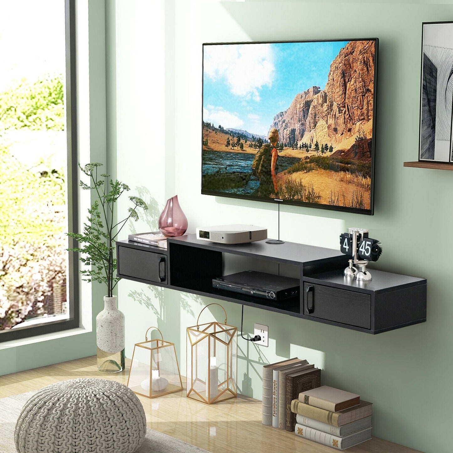 55 Inches Floating TV Stand with Power Outlet, Black - Gallery Canada
