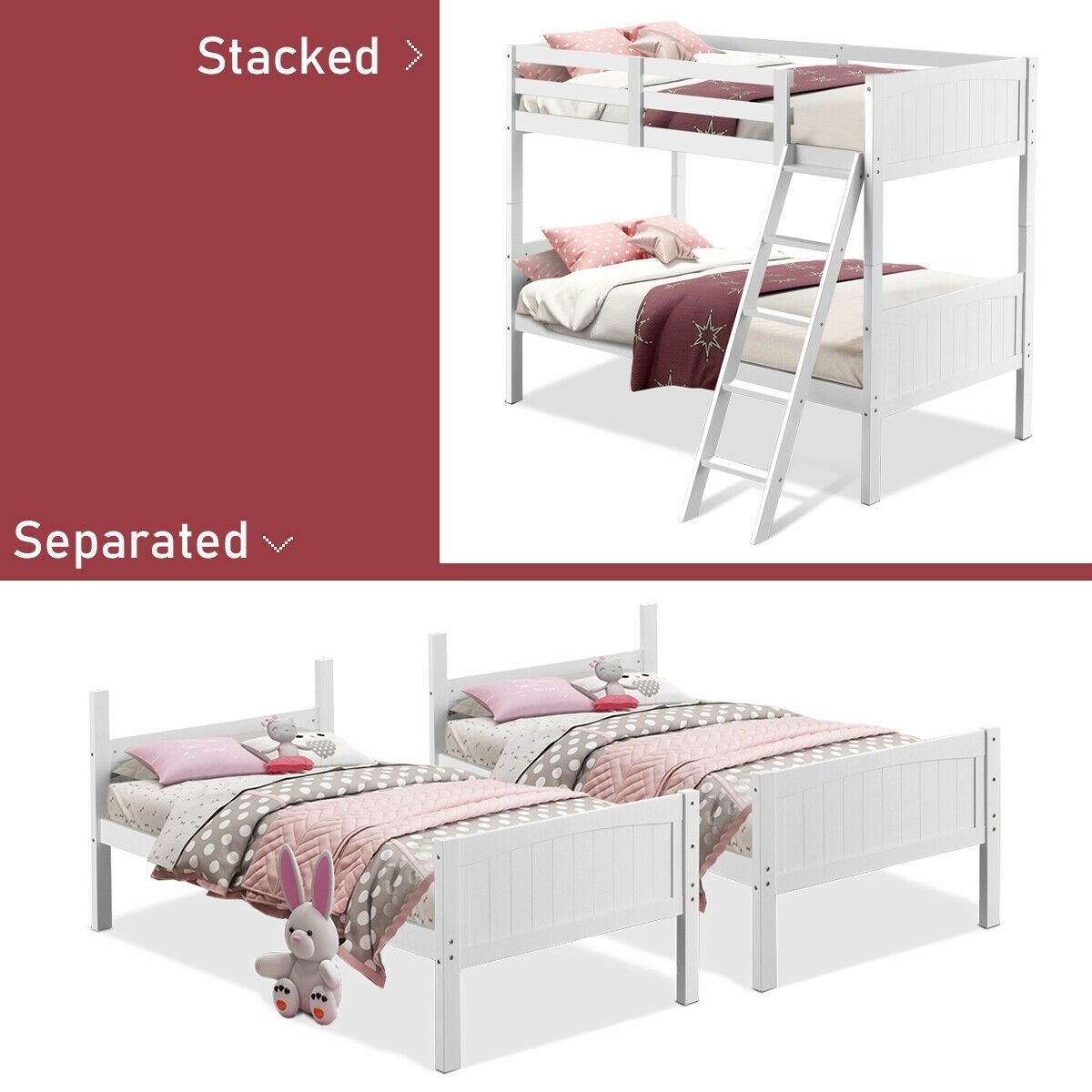 Twin Size Wooden Bunk Beds Convertible 2 Individual Beds, White Bunk Bed Frame   at Gallery Canada