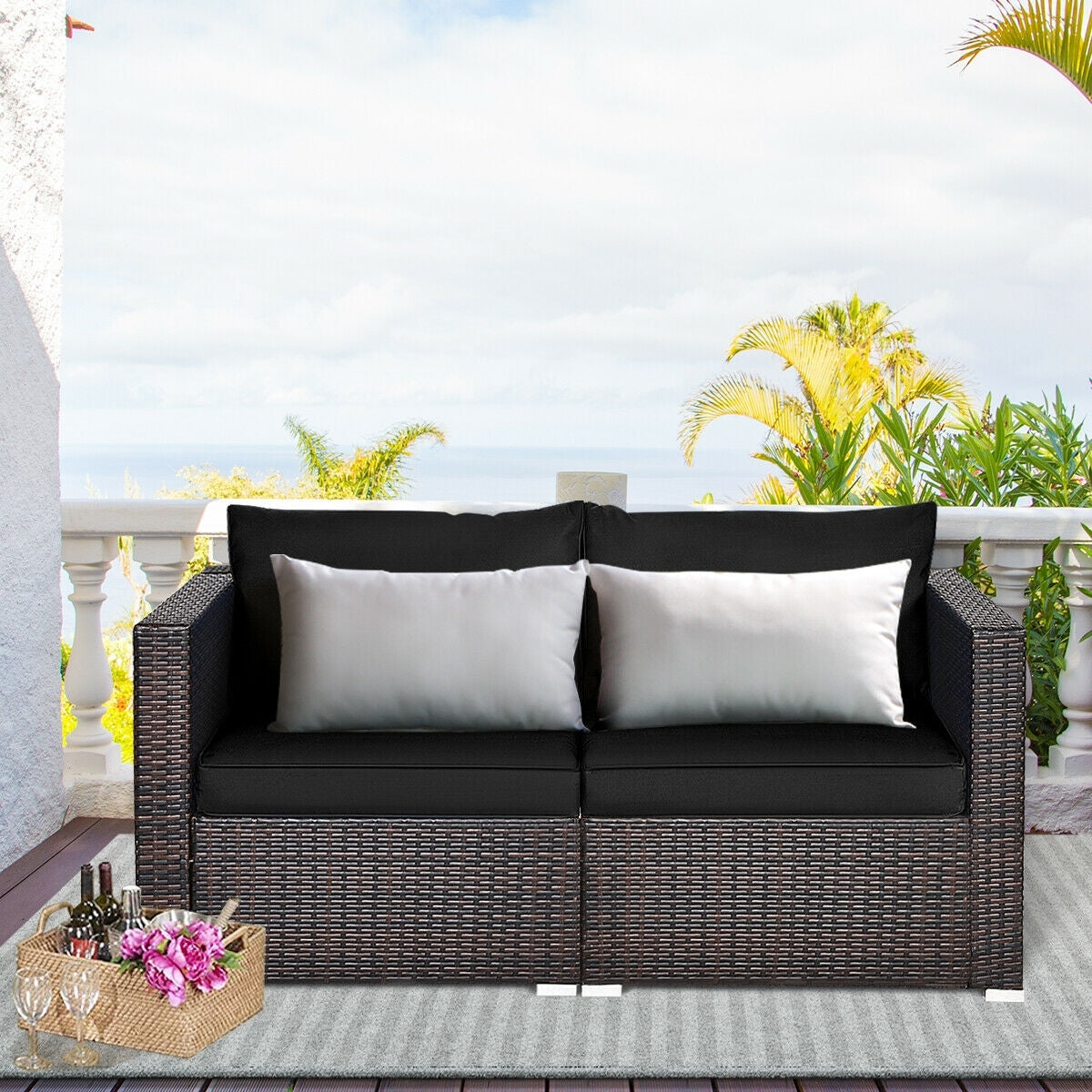 2 Pieces Patio Rattan Sectional Conversation Sofa Set, Black Outdoor Sectionals   at Gallery Canada