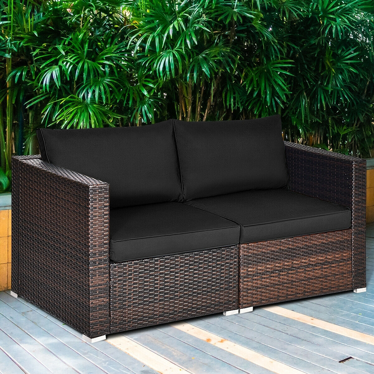 2 Pieces Patio Rattan Sectional Conversation Sofa Set, Black Outdoor Sectionals   at Gallery Canada