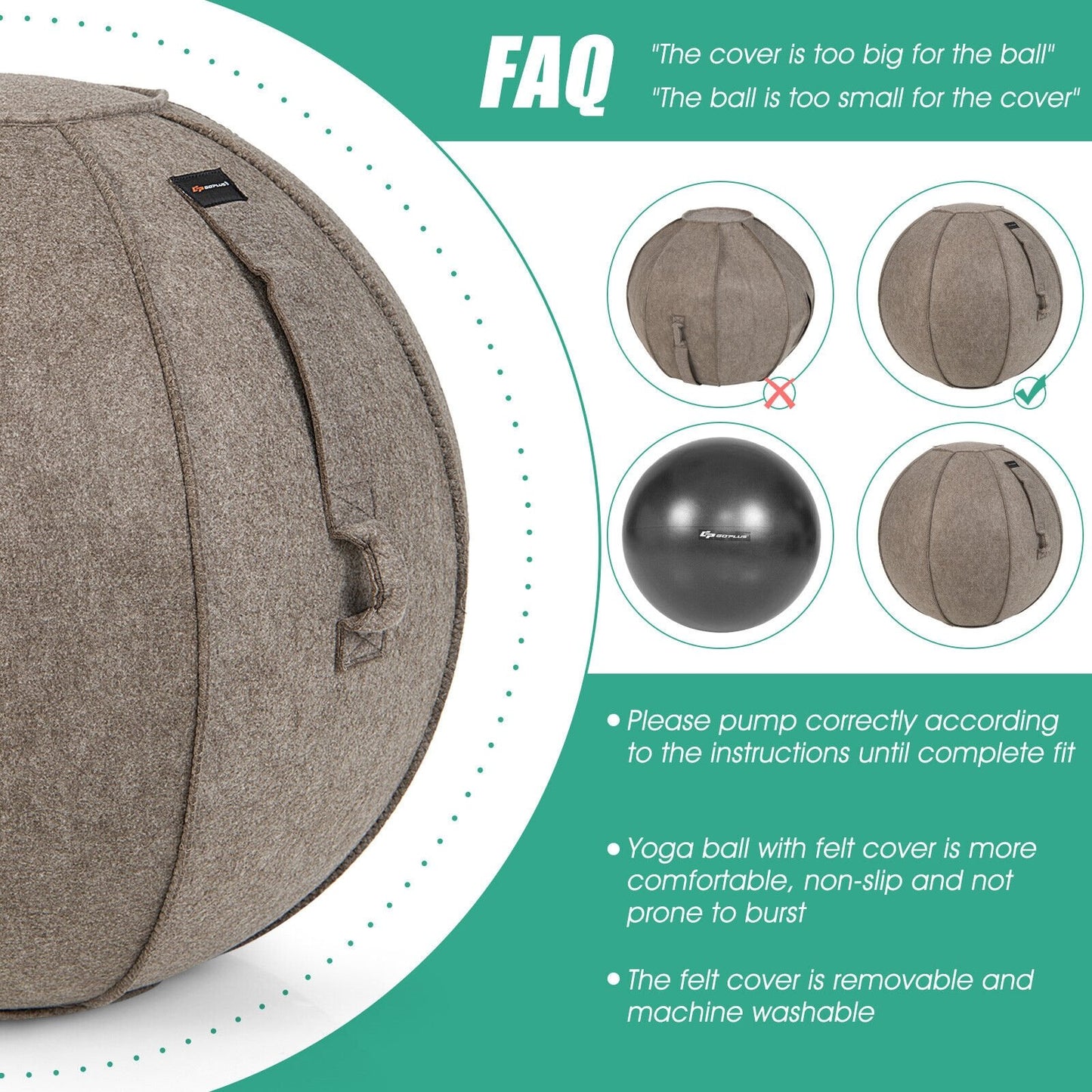 Yoga Sitting Ball with Felt Cover and Air Pump, Brown - Gallery Canada