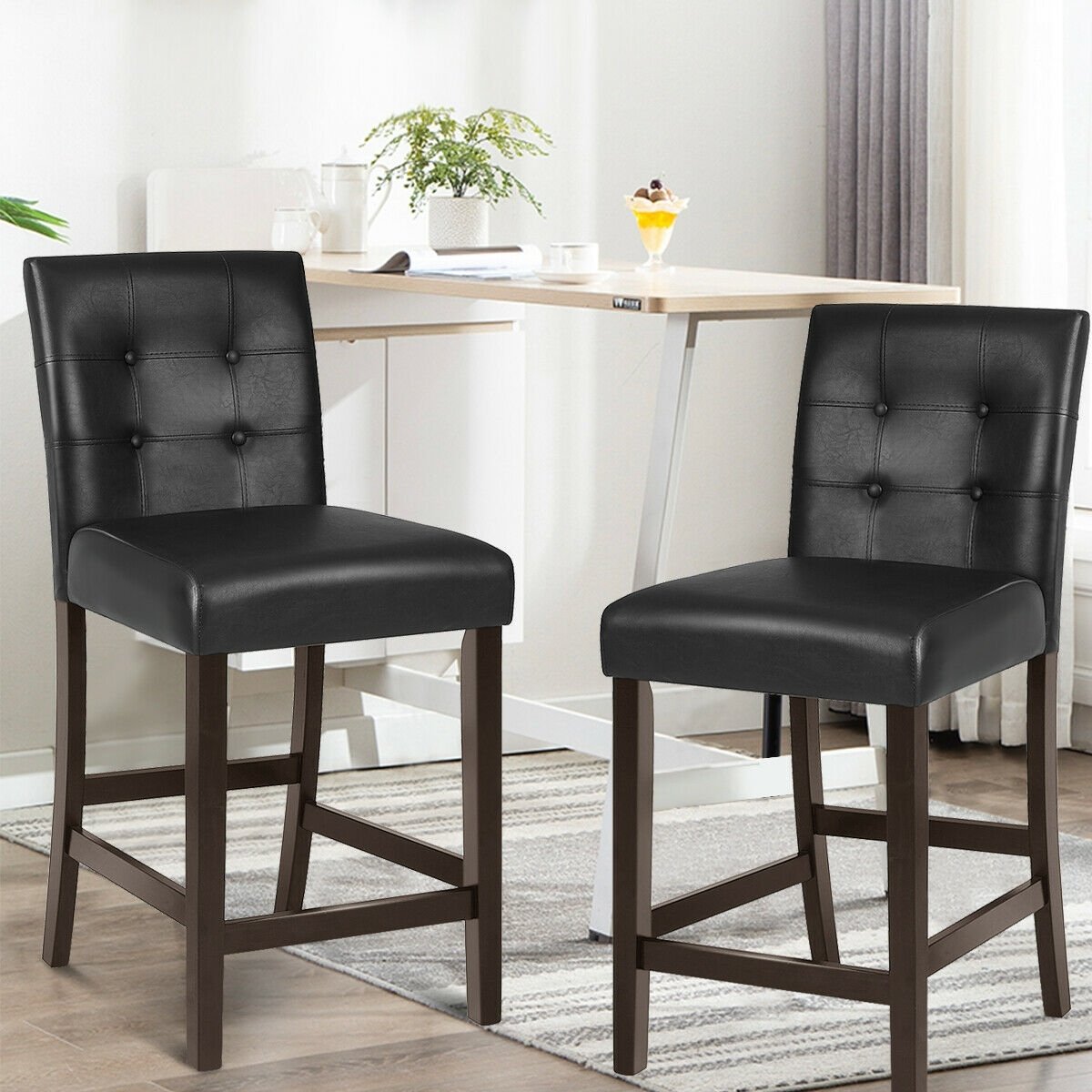 Set of 2 PVC Leather Bar Stools with Solid Wood Legs, Black Bar Stools   at Gallery Canada