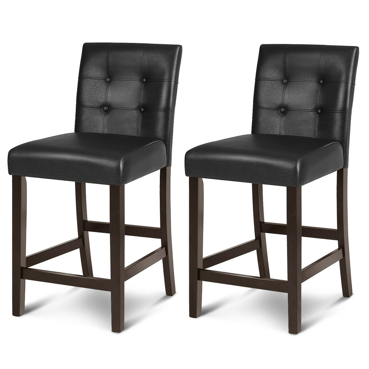 Set of 2 PVC Leather Bar Stools with Solid Wood Legs, Black Bar Stools   at Gallery Canada